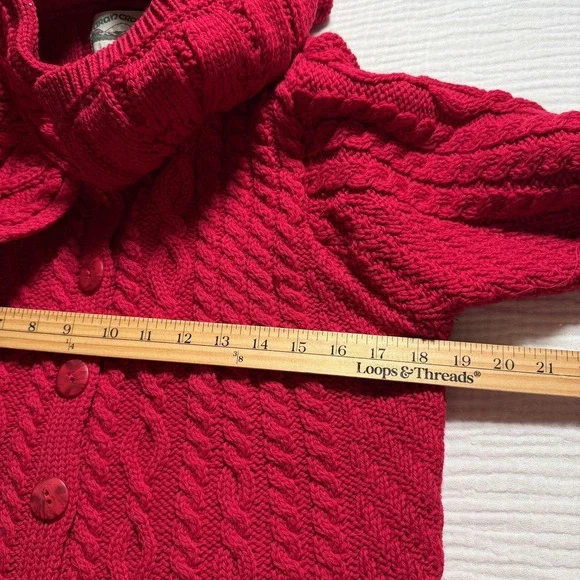 Aran Crafts Long Cardigan Sweater Womens L Red Wool Cable Knit Ireland Fisherman - Picture 11 of 16